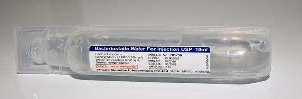 Shop Genetek Lifesciences Bacteriostatic Water 10ml. Sterile, non-pyrogenic multi-use vial with 0.9% benzyl alcohol for reconstitution and dilution applications.