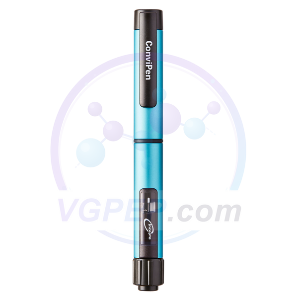 ConviPen reusable peptide pen, metal body with dose dial, standing upright on white