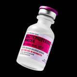 Bacteriostatic water for injection bottle with a purple cap on a black background, Hospira