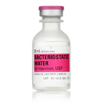 Pfizer Hospira Bacteriostatic water for injection bottle with pink label on a white background
