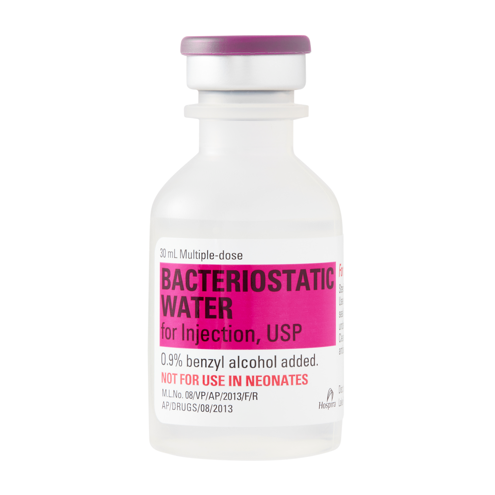 Bacteriostatic water for injection bottle with purple cap on a white background
Hospira 