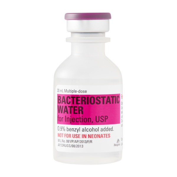 Bacteriostatic water for injection bottle with purple cap on a white background
Hospira 